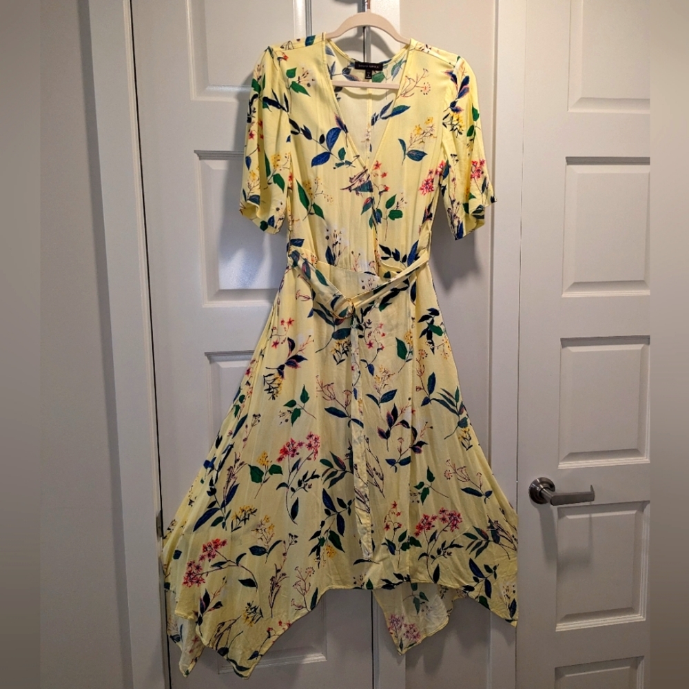Handkerchief floral print foux wrap dress